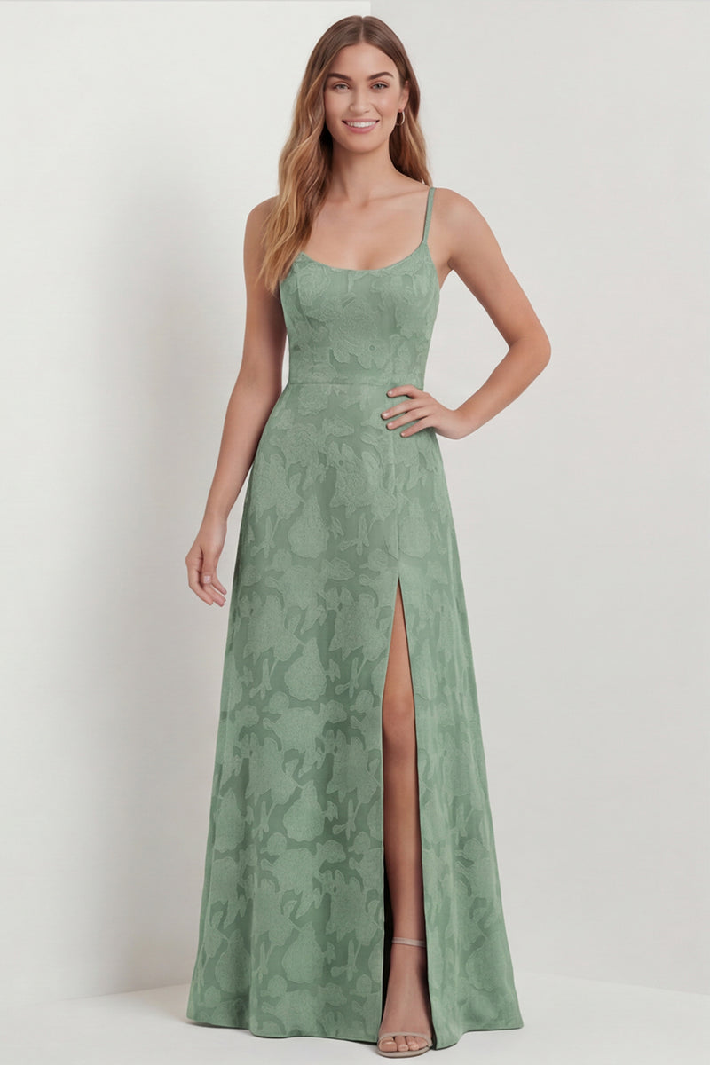 Load image into Gallery viewer, Dusty Blue Floral A Line Spaghetti Straps Long Formal Dress with Slit