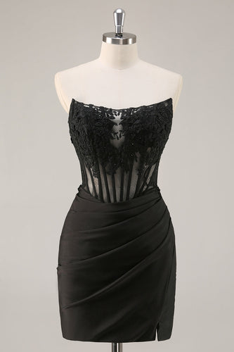 Black Bodycon Satin Short Corset Prom Dress with Lace