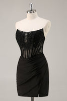 Load image into Gallery viewer, Black Bodycon Satin Short Corset Prom Dress with Lace
