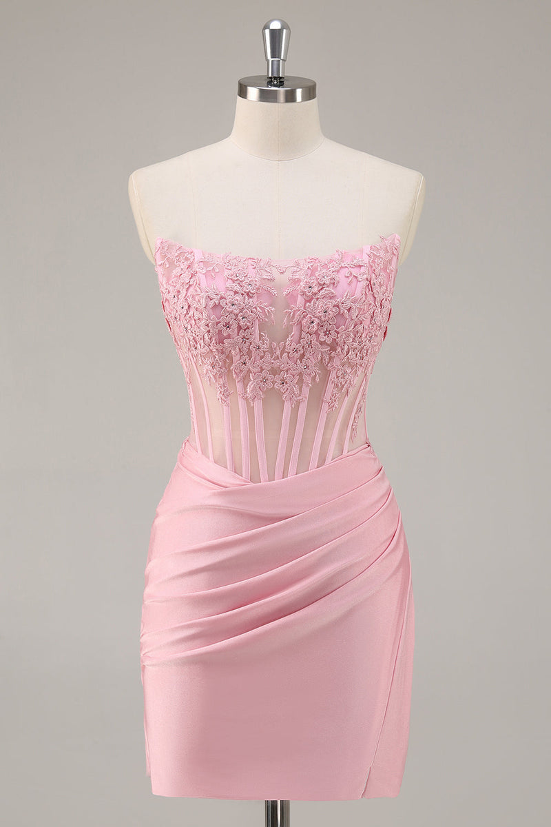 Load image into Gallery viewer, Royal Blue Satin Corset Short Prom Dress with Lace