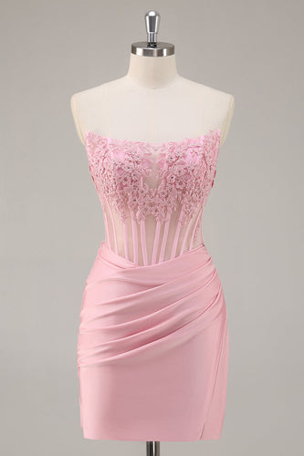 Pink Bodycon Corset Short Prom Dress with Lace