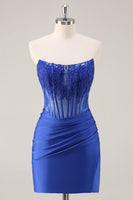 Load image into Gallery viewer, Royal Blue Satin Corset Short Prom Dress with Lace