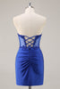 Load image into Gallery viewer, Royal Blue Satin Corset Short Prom Dress with Lace