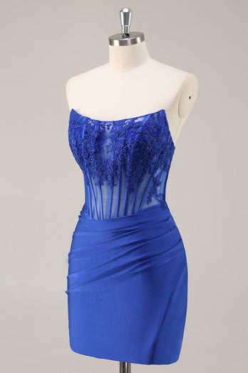 Royal Blue Satin Corset Short Prom Dress with Lace