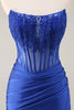 Load image into Gallery viewer, Royal Blue Satin Corset Short Prom Dress with Lace