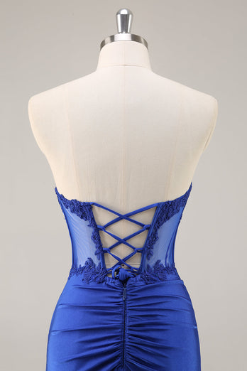 Royal Blue Satin Corset Short Prom Dress with Lace