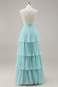 Green Chiffon A Line Tiered Maxi Pleated Prom Dress