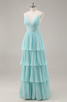 Load image into Gallery viewer, Green Chiffon A Line Tiered Maxi Pleated Prom Dress
