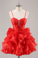 Load image into Gallery viewer, Red Organza Corset Ruffled Short Prom Dress with Bows