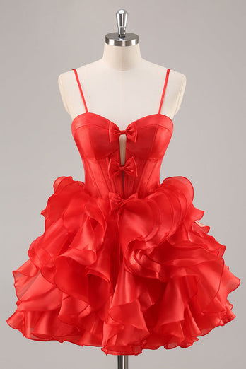 Red Organza Corset Ruffled Short Prom Dress with Bows