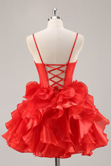 Red Organza Corset Ruffled Short Prom Dress with Bows