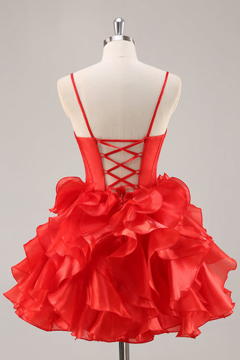 Red Organza Corset Ruffled Short Prom Dress with Bows
