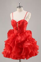 Load image into Gallery viewer, Red Organza Corset Ruffled Short Prom Dress with Bows