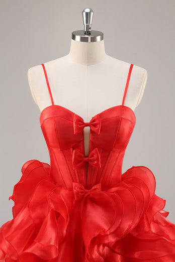 Red Organza Corset Ruffled Short Prom Dress with Bows