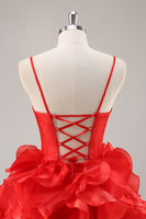 Load image into Gallery viewer, Red Organza Corset Ruffled Short Prom Dress with Bows