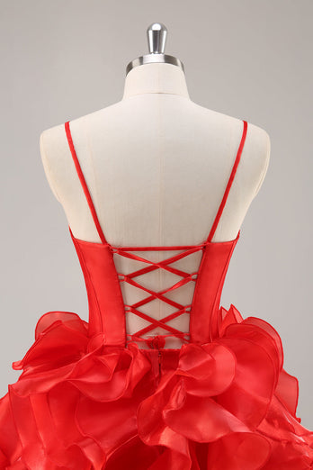 Red Organza Corset Ruffled Short Prom Dress with Bows
