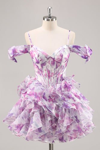 Purple Floral Cold Shoulder Chiffon Corset Short Prom Dress