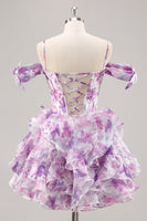 Load image into Gallery viewer, Purple Floral Cold Shoulder Chiffon Corset Short Prom Dress
