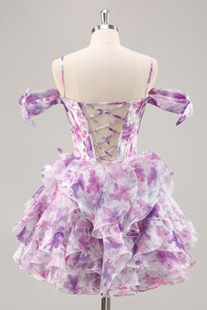 Purple Floral Cold Shoulder Chiffon Corset Short Prom Dress