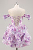 Load image into Gallery viewer, Purple Floral Cold Shoulder Chiffon Corset Short Prom Dress