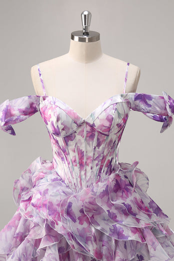 Purple Floral Cold Shoulder Chiffon Corset Short Prom Dress