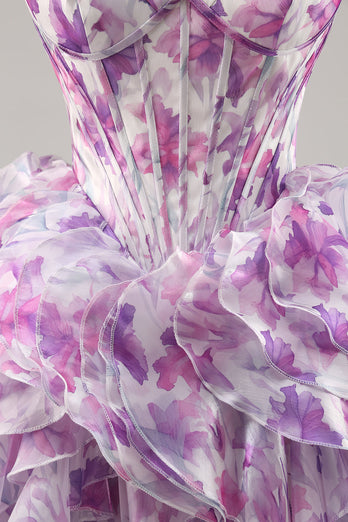 Purple Floral Cold Shoulder Chiffon Corset Short Prom Dress