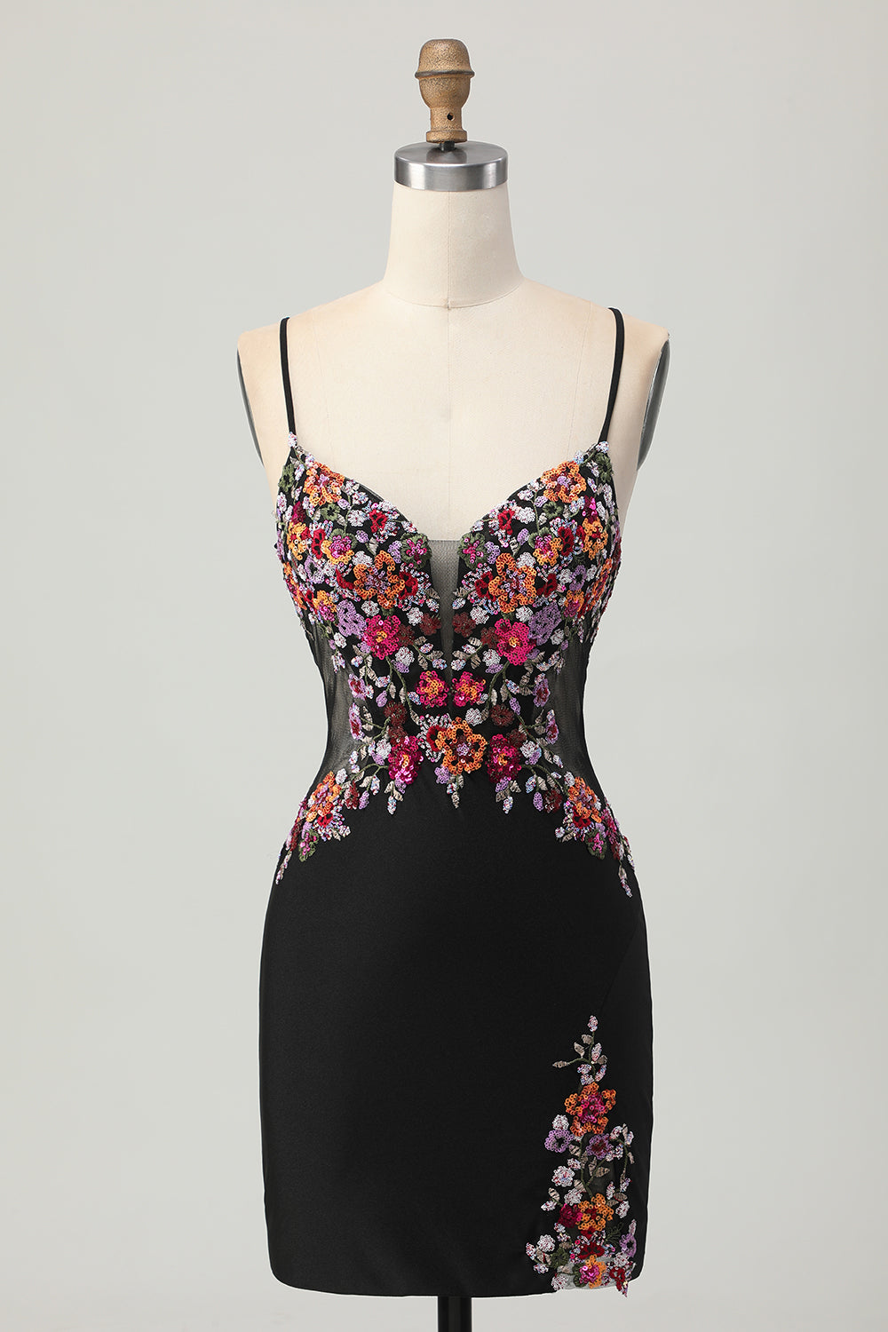 Floral Black Bodycon Spaghetti Straps Short Corset Prom Dress