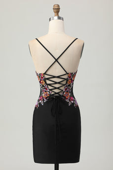 Floral Black Bodycon Spaghetti Straps Short Corset Prom Dress