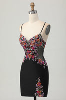 Load image into Gallery viewer, Floral Black Bodycon Spaghetti Straps Short Corset Prom Dress