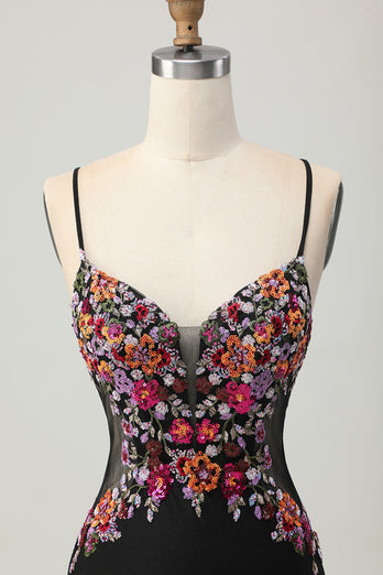 Floral Black Bodycon Spaghetti Straps Short Corset Prom Dress