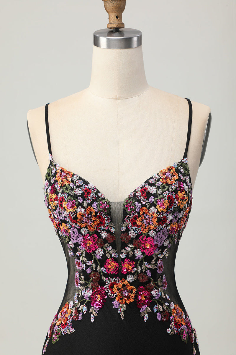 Load image into Gallery viewer, Floral Black Bodycon Spaghetti Straps Short Corset Prom Dress