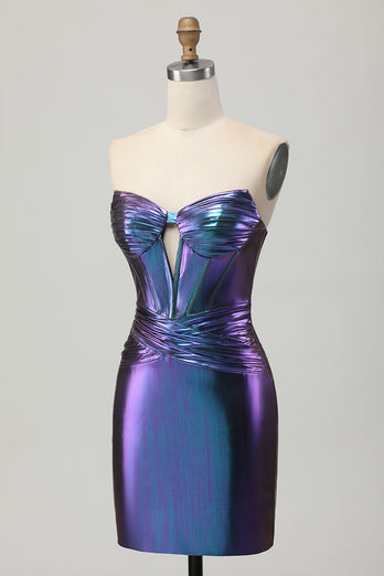 Metallic Blue Purple Bodycon Keyhole Short Corset Prom Dress