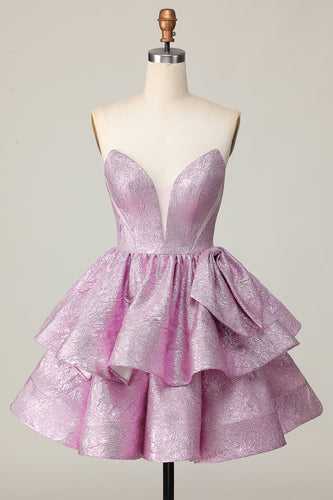 Light Purple A Line Strapless Short Metallic Prom Dress with Ruffles