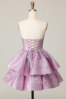 Light Purple A Line Strapless Short Metallic Prom Dress with Ruffles