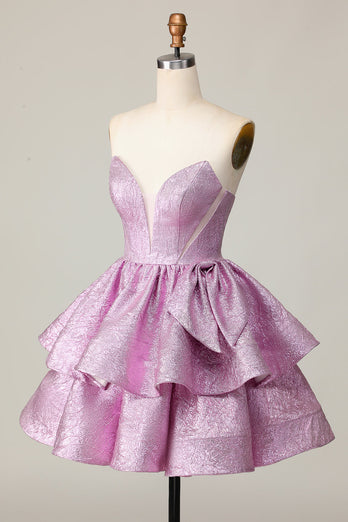Light Purple A Line Strapless Short Metallic Prom Dress with Ruffles
