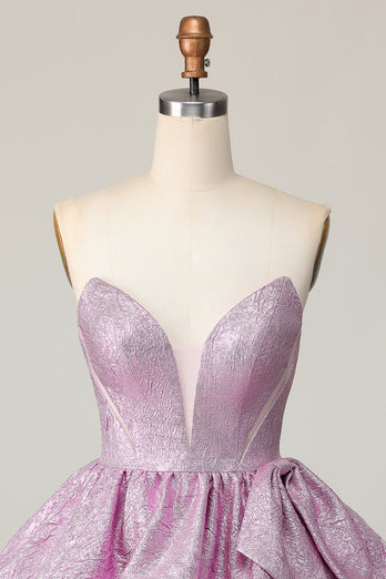 Light Purple A Line Strapless Short Metallic Prom Dress with Ruffles
