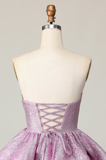 Light Purple A Line Strapless Short Metallic Prom Dress with Ruffles