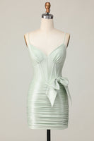 Load image into Gallery viewer, Sage Spaghetti Straps Corset Short Prom Dress with Bow