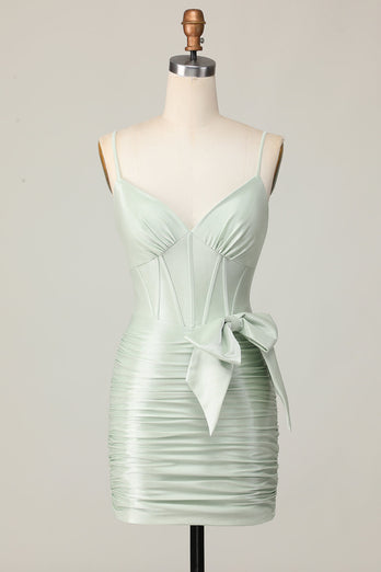 Sage Spaghetti Straps Corset Short Prom Dress with Bow