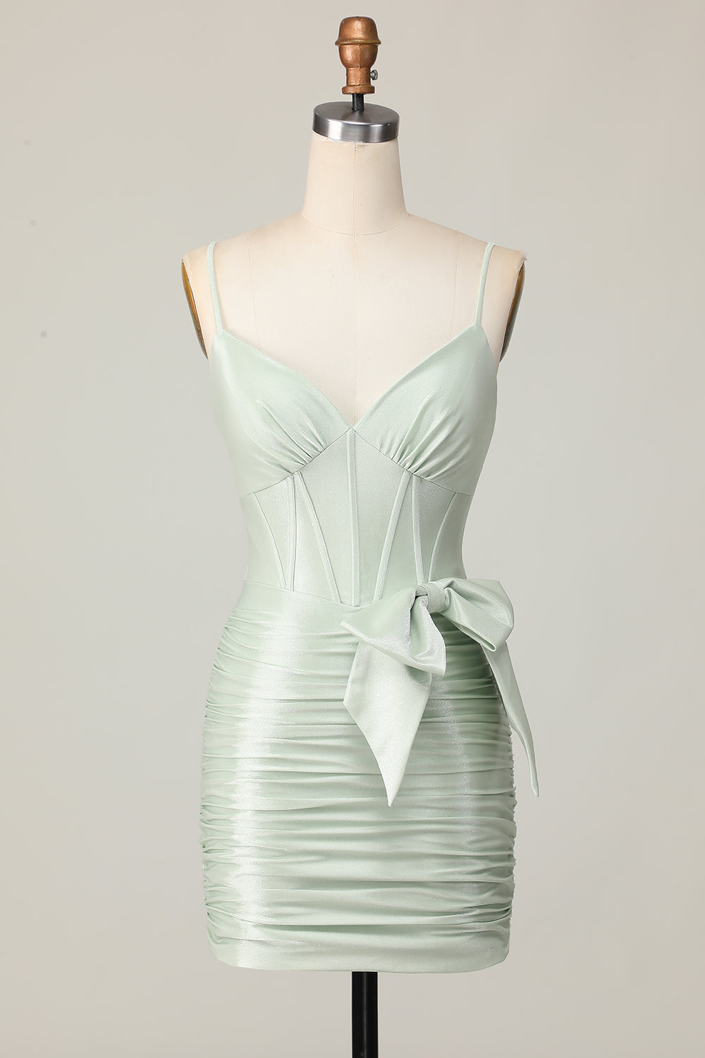Sage Spaghetti Straps Corset Short Prom Dress with Bow