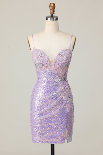 Sparkly Lilac Corset Sequins Tight Short Prom Dress