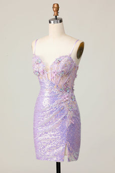 Sparkly Lilac Corset Sequins Tight Short Prom Dress