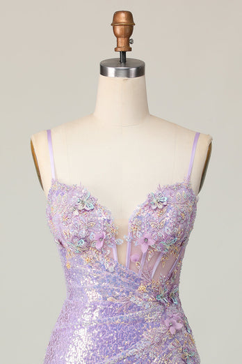 Sparkly Lilac Corset Sequins Tight Short Prom Dress
