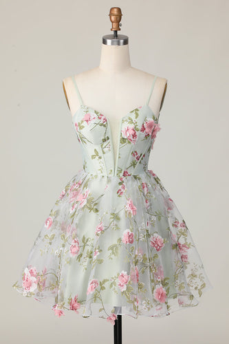 Sage Flower Corset Spaghetti Straps Short Prom Dress
