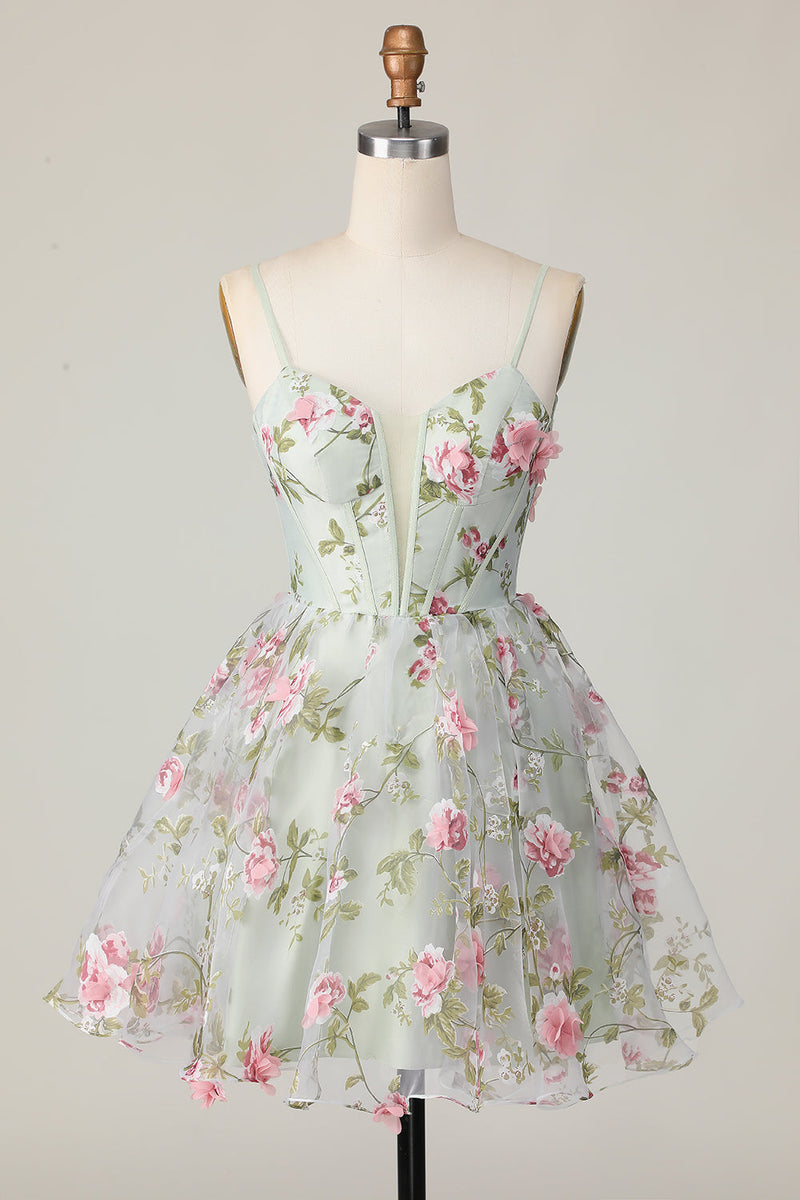 Load image into Gallery viewer, Sage Flower Corset Spaghetti Straps Short Prom Dress