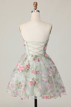 Sage Flower Corset Spaghetti Straps Short Prom Dress