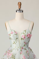 Load image into Gallery viewer, Sage Flower Corset Spaghetti Straps Short Prom Dress