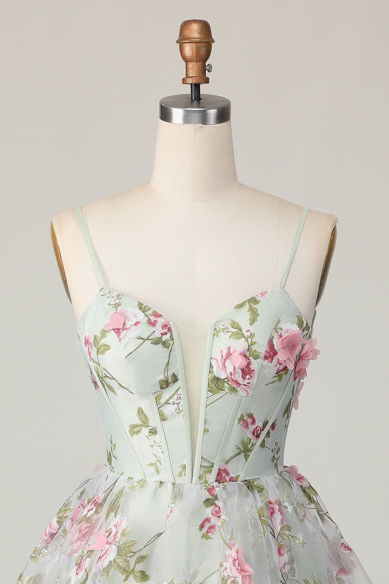 Load image into Gallery viewer, Sage Flower Corset Spaghetti Straps Short Prom Dress