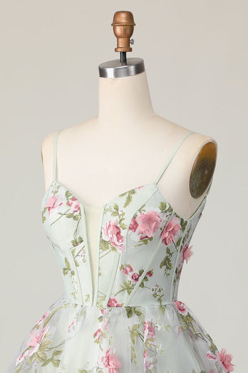Sage Flower Corset Spaghetti Straps Short Prom Dress