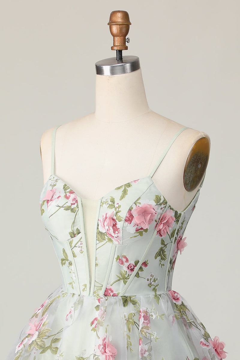 Load image into Gallery viewer, Sage Flower Corset Spaghetti Straps Short Prom Dress